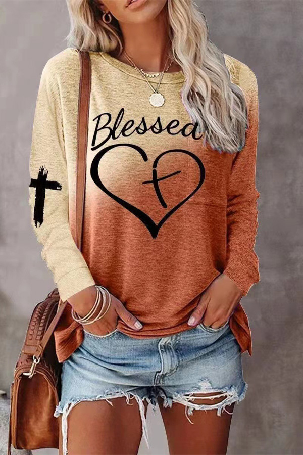 01d0af33c0c5f655ac8f0de7e0681e83-1 Colorblock Letter Cross Print Casual Top