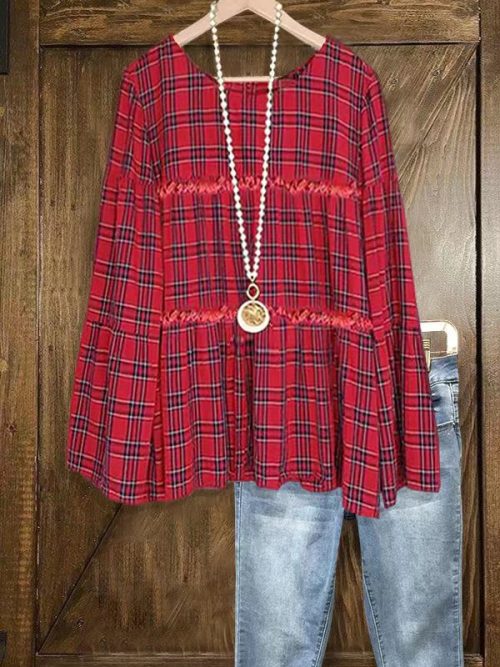 068dbb19cfc213e40f140e650a268843-1 Vintage Plaid Pattern Frayed Pleated Top