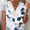 Women's Short Sleeve V Neck Lace Floral Printed Fashion Casual Top