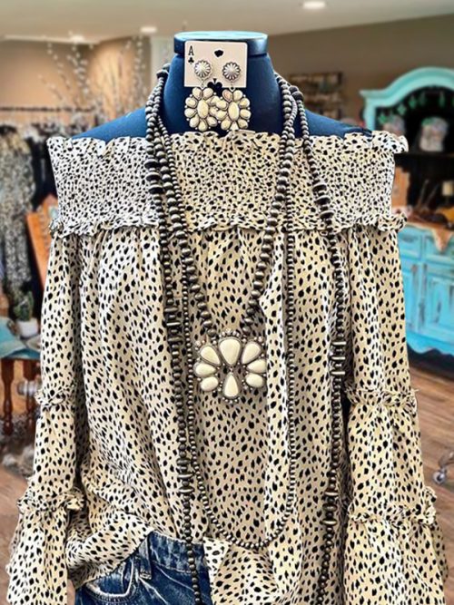 Dot Print Off Shoulder Ruffle Long Sleeve Blouse