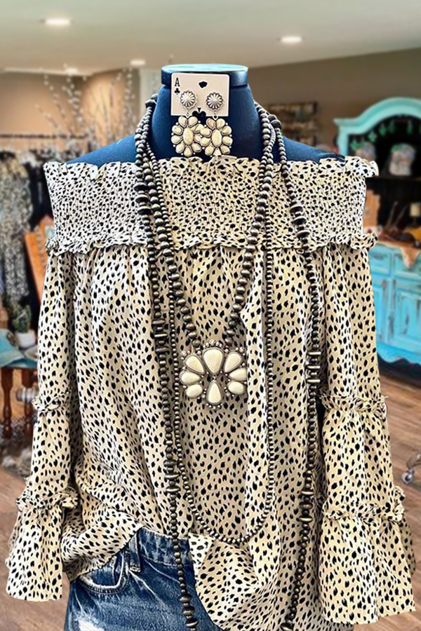 0f0de73a9de07fd2782214d0e1a76b32-1 Dot Print Off Shoulder Ruffle Long Sleeve Blouse