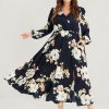 Bloom Dress - Floral Lantern Sleeve Pocket Split Surplice Neck Flutter Maxi Dress