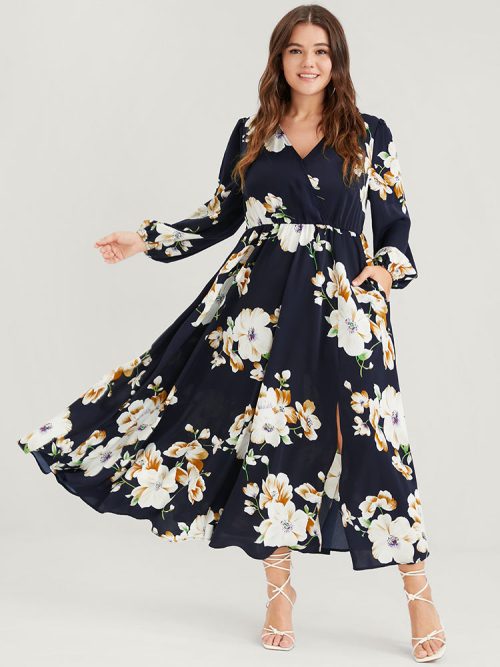 1-8da2a852-505f-4c46-be5b-d54790cfcf68-1 Bloom Dress - Floral Lantern Sleeve Pocket Split Surplice Neck Flutter Maxi Dress