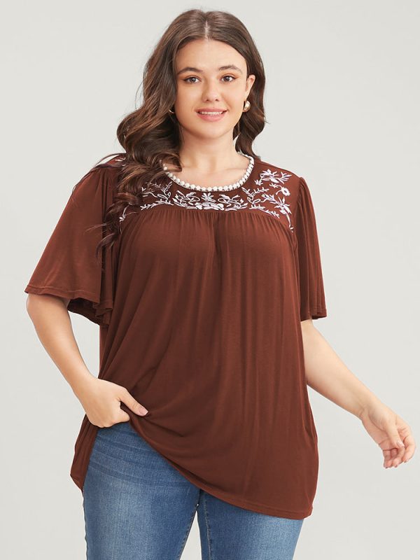 Floral Embroidered Ruffle Sleeve Keyhole Round Neck T-shirt