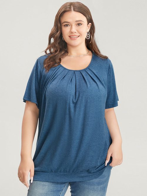 125255498-tb-da751c2e-913b-4a65-b587-498a9acbff72-1 Solid Round Neck Pleated Detail T-shirt