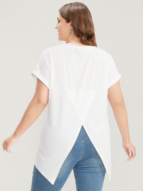 139367576-er-1 Solid Round Neck Crossover Back T-shirt