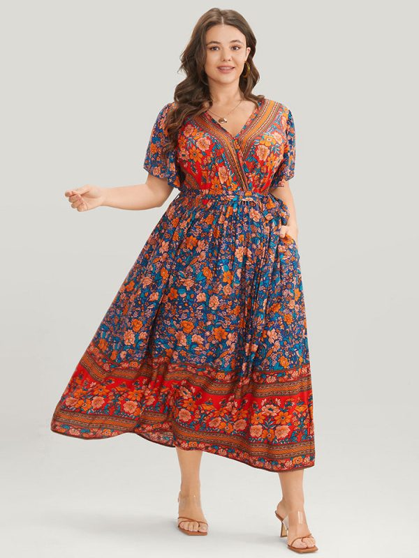 Bandana Surplice Neck Pocket Belted Flutter Hem Maxi Dress