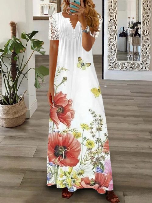 1425b70ebdbc250b05a8ce4684834242-1 Women's Floral Printed Short Sleeve V-neck Maxi Dress
