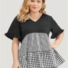 Gingham Patchwork Ruffle Sleeve Tiered Hem Blouse