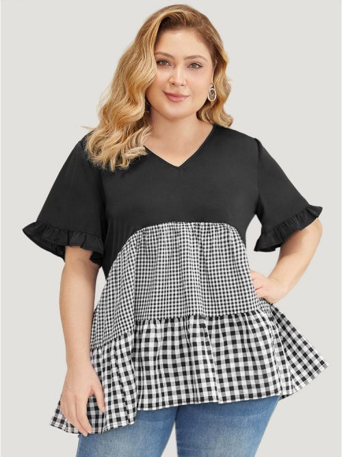 142671647-rr-1 Gingham Patchwork Ruffle Sleeve Tiered Hem Blouse