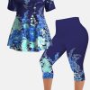 Women's Plus Size Casual Purple Ombre Plant Floral Print Two Piece Pant Set