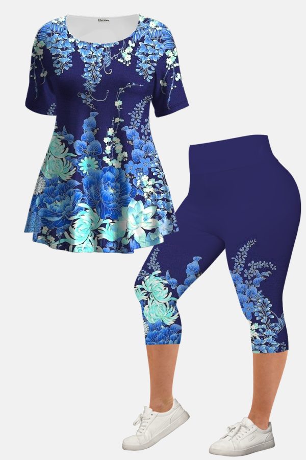 Women's Plus Size Casual Purple Ombre Plant Floral Print Two Piece Pant Set