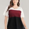 Colorblock Contrast Scalloped Trim Laser Cut Crew Neck T-shirt
