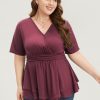 Plain Surplice Neck Gathered Ruffles Asymmetrical Hem T-shirt