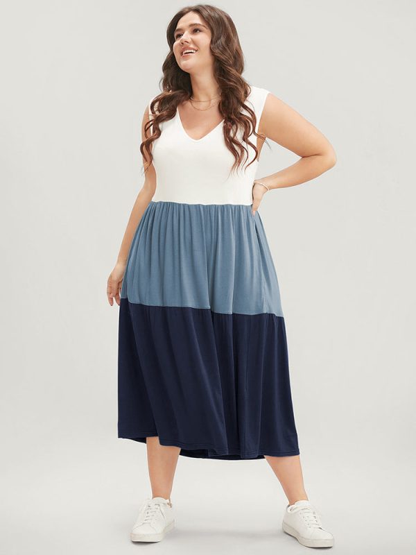 Colorblock Contrast Sleeveless Pocket Ruffle Hem Tank Dress