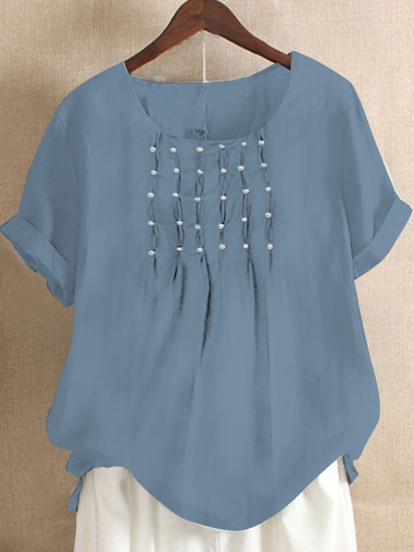 18a9577aeebc34eeac6f281cef41838b Women Causal Ruched Crew Neck Cotton And Linen Short Sleeve Summer Plain T-shirt