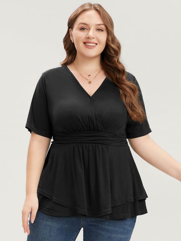 Plain Surplice Neck Gathered Ruffles Asymmetrical Hem T-shirt