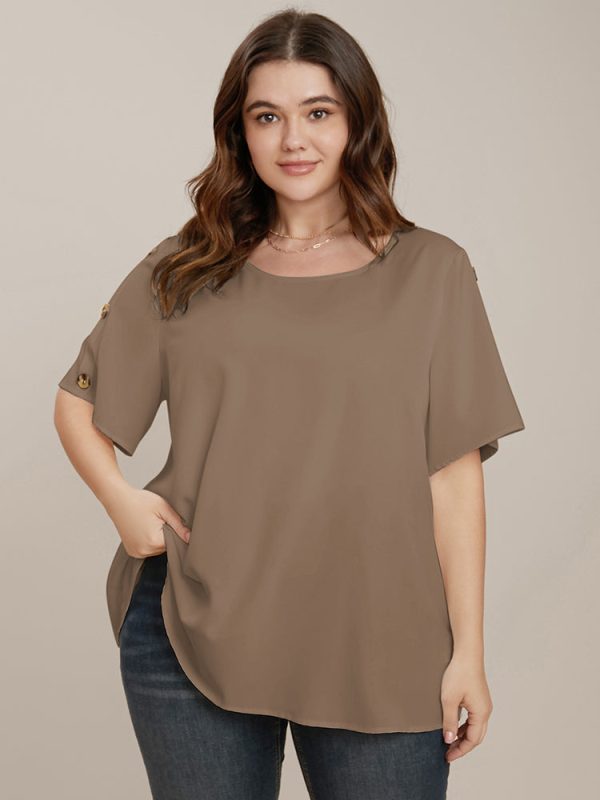 Plain Round Neck Button Detail Blouse