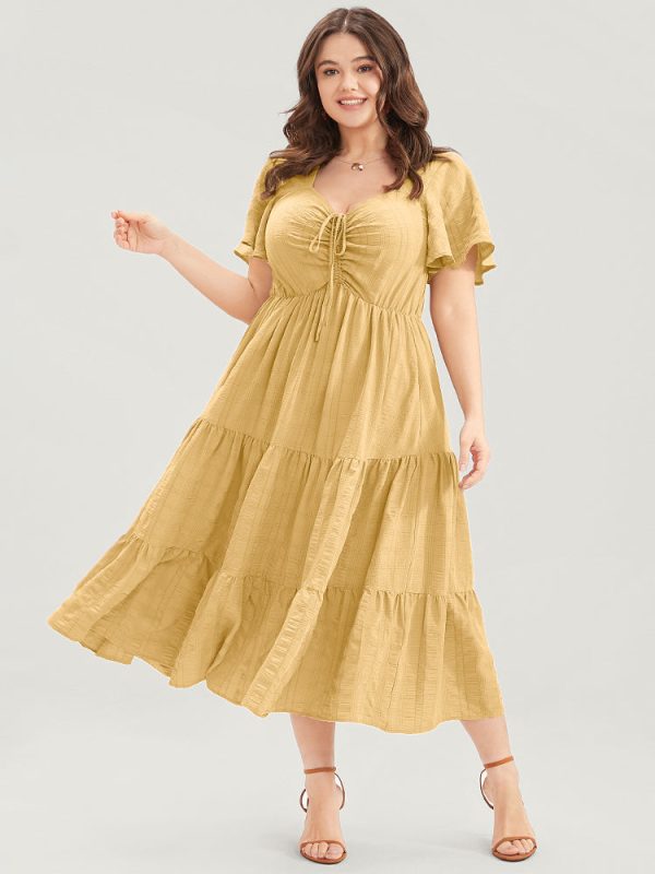 Plain Ruched Drawstring Pocket Ruffle Tiered Dress