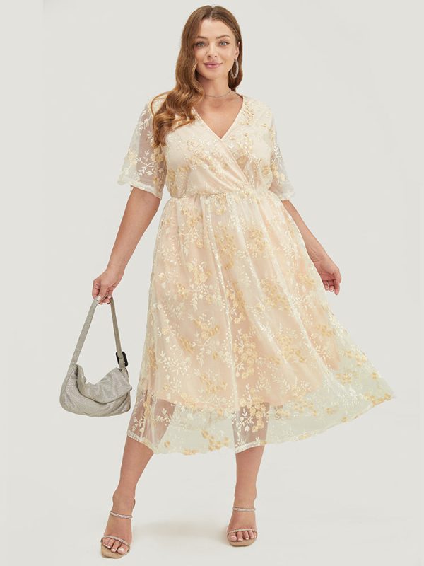 Floral Embroidered Pocket Mesh Elastic Waist Surplice Neck  Dress