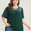 Floral Embroidered Ruffle Sleeve Keyhole Round Neck T-shirt