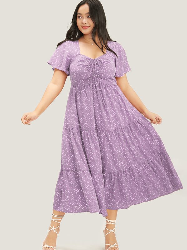 Polka Dot Drawstring Ruffle Tiered Ruched Pocket Midi Dress