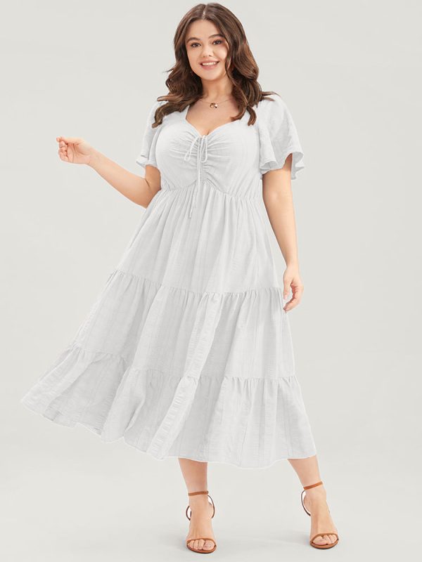 Plain Ruched Drawstring Pocket Ruffle Tiered Dress