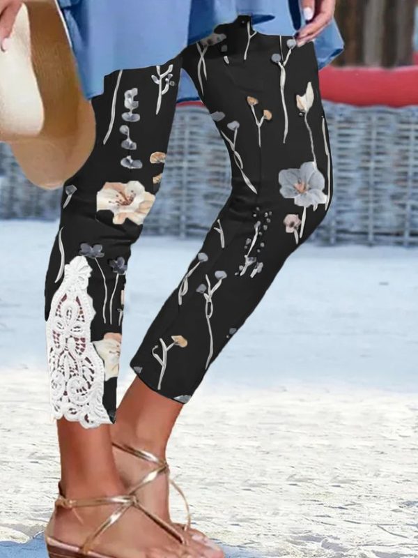 Flower Print Lace Mesh Side Legging