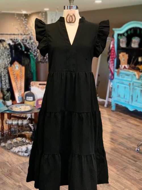 2804426e7ae330e1db7497cdc114c61e-1 Solid Ruffle Sleeve V-Neck Midi Dress