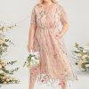 Floral Embroidered Pocket Mesh Elastic Waist Surplice Neck  Dress