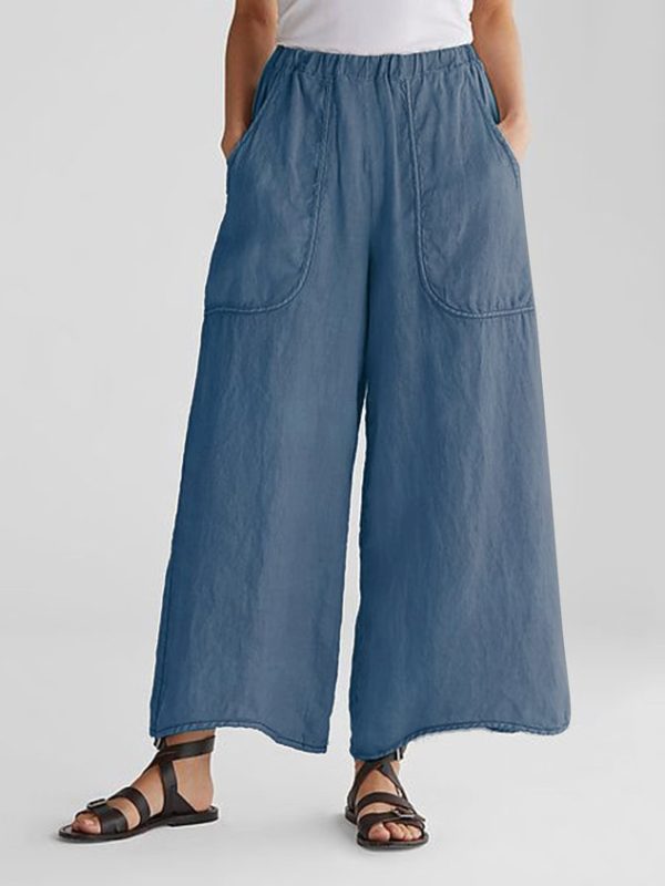 Casual Plain Pockets Linen Pants