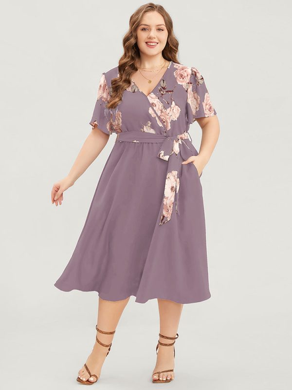 Floral Printed Pocket Ruffles Surplice Neck Belted Midi Dress