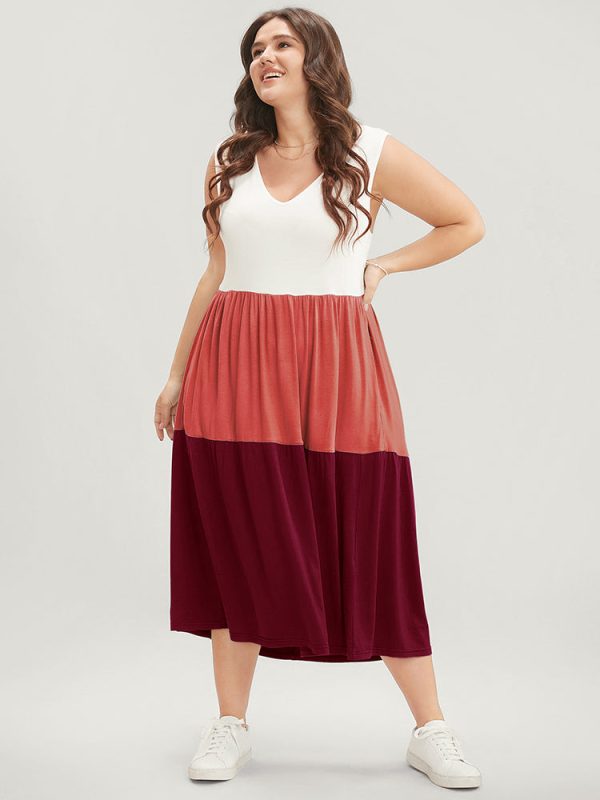 Colorblock Contrast Sleeveless Pocket Ruffle Hem Tank Dress