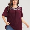Floral Embroidered Ruffle Sleeve Keyhole Round Neck T-shirt