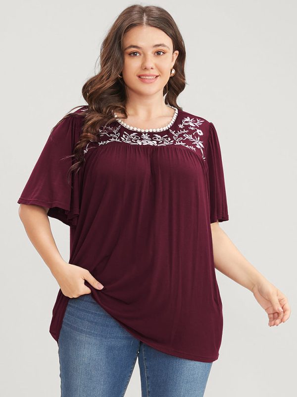 Floral Embroidered Ruffle Sleeve Keyhole Round Neck T-shirt