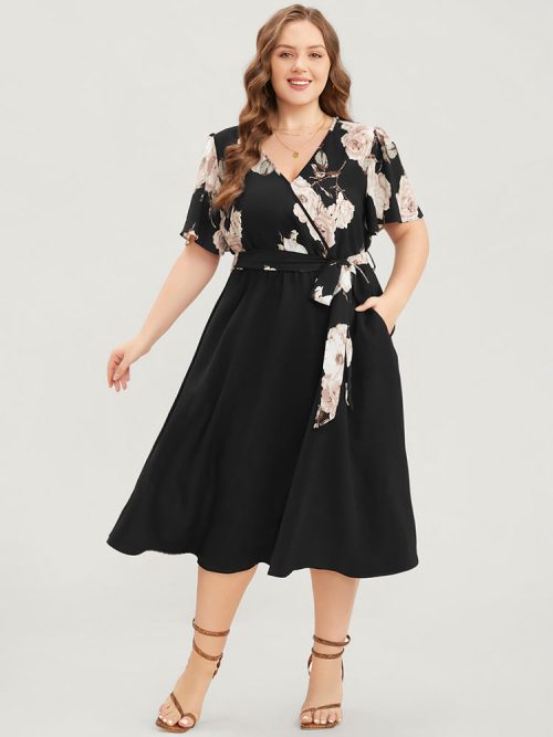 339935731-ce-1 Floral Printed Pocket Ruffles Surplice Neck Belted Midi Dress