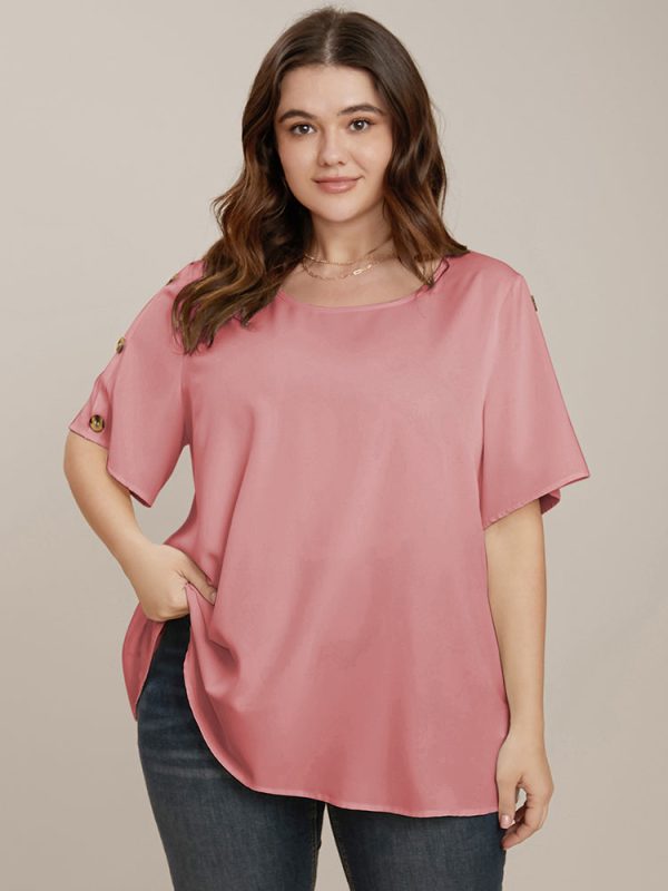 Plain Round Neck Button Detail Blouse