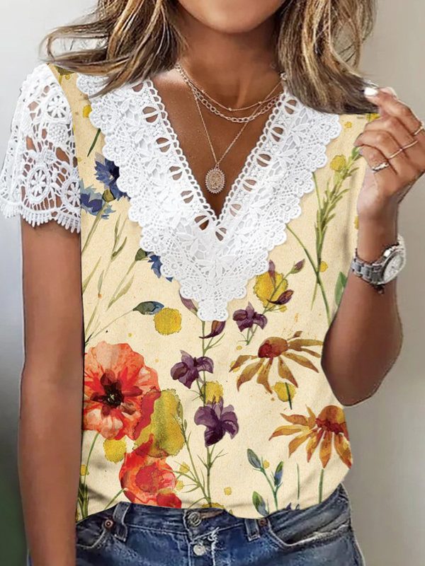 Women's Short Sleeve V Neck Lace Floral Printed Fashion Casual Top