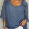 Women Plain Sweetheart Neckline Three Quarter Sleeve Loose Tunic Top