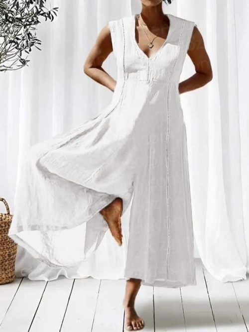 4097cd3c42f8bfce21d9613aee5b04aa-1 Linen V Neck Plain Jumpsuit