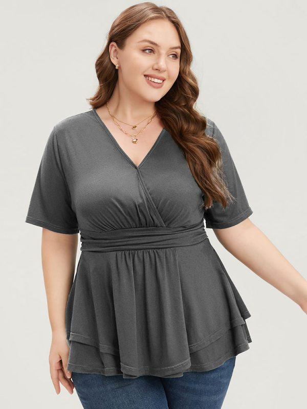 Plain Surplice Neck Gathered Ruffles Asymmetrical Hem T-shirt