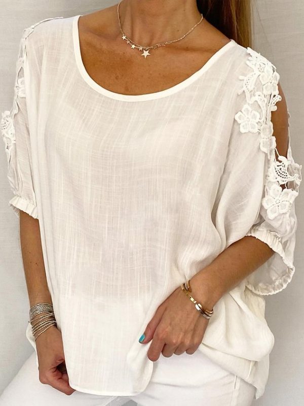 Women Elegant Lace Stitching Split Joint Linen Loose Crew Neck Tunic Top