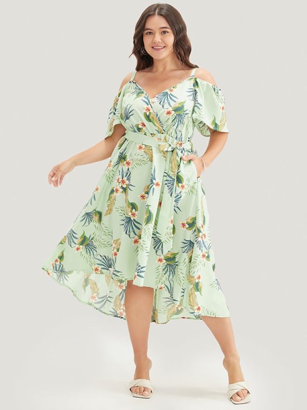 Floral Cold Shoulder Pocket Ruffle Belted High Low Hem Dress