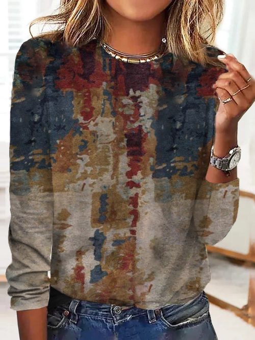 4354656-1 Retro Round Neck Long Sleeve Top