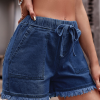 Women's Denim Shorts Frayed Raw Hem Ruffle Drawstring High Waist with Pockects