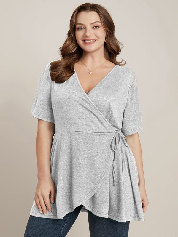 Plain Surplice Neck Tie Side Asymmetrical Hem T-shirt