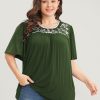 Floral Embroidered Ruffle Sleeve Keyhole Round Neck T-shirt