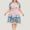 Floral & Butterfly Print Pocket Shirred Mock Neck Ruffles Dress