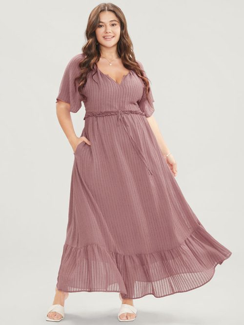 480400512-lq-1 Solid Striped Notched Ties Up Pocket Flutter Maxi Dress