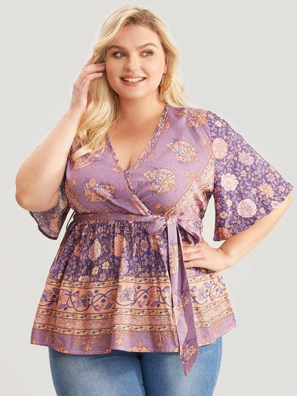 Floral Print Ruffles Belted Wrap Blouse